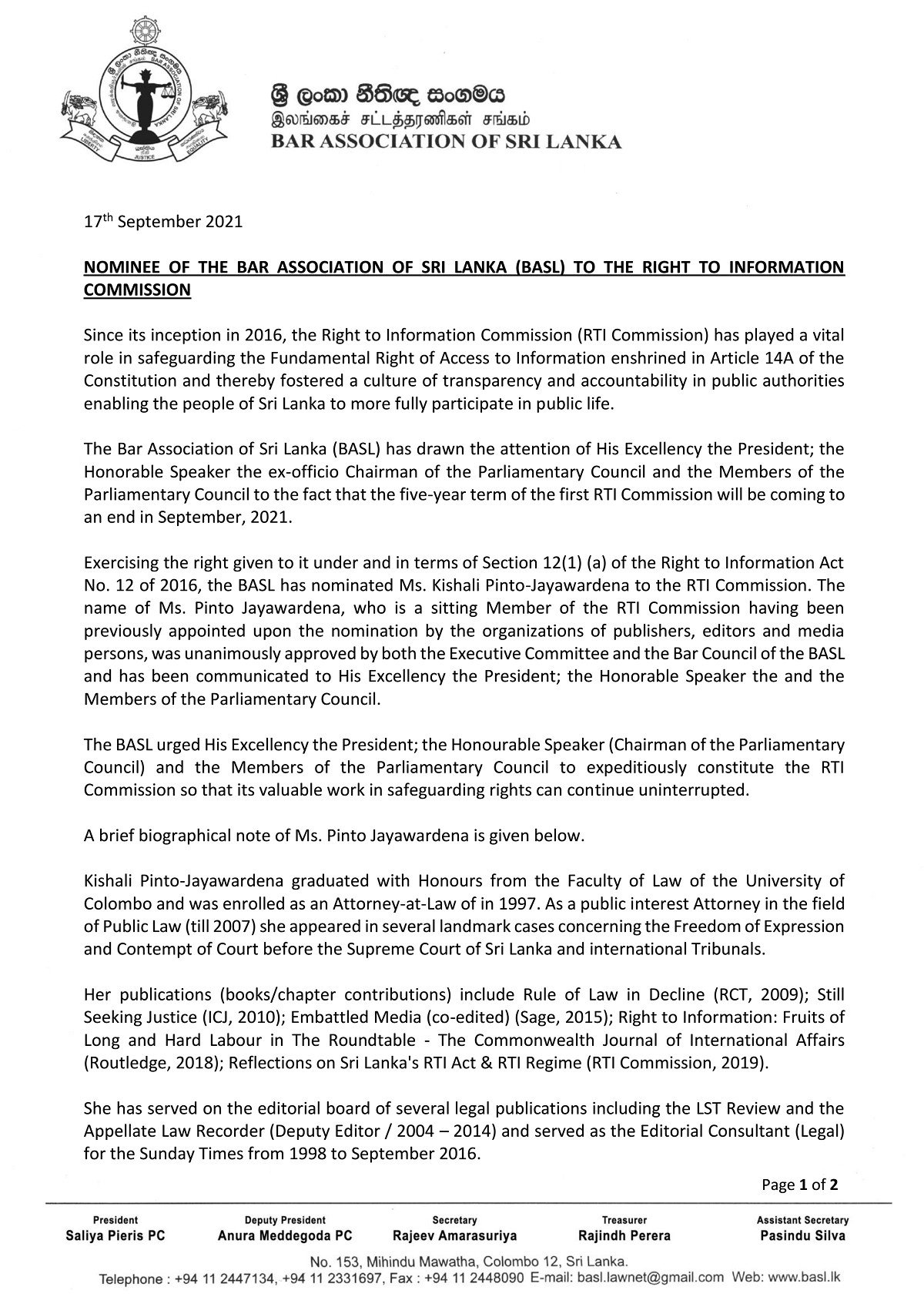 NOMINEE OF THE BAR ASSOCIATION OF SRI LANKA (BASL) TO THE RIGHT TO