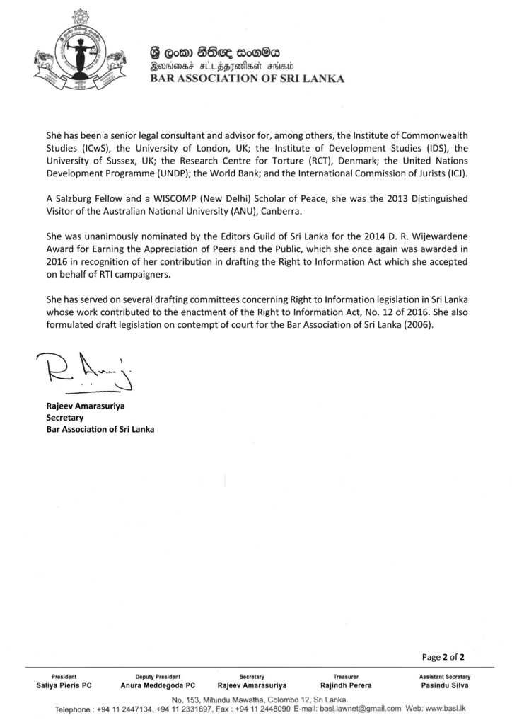 NOMINEE OF THE BAR ASSOCIATION OF SRI LANKA (BASL) TO THE RIGHT TO