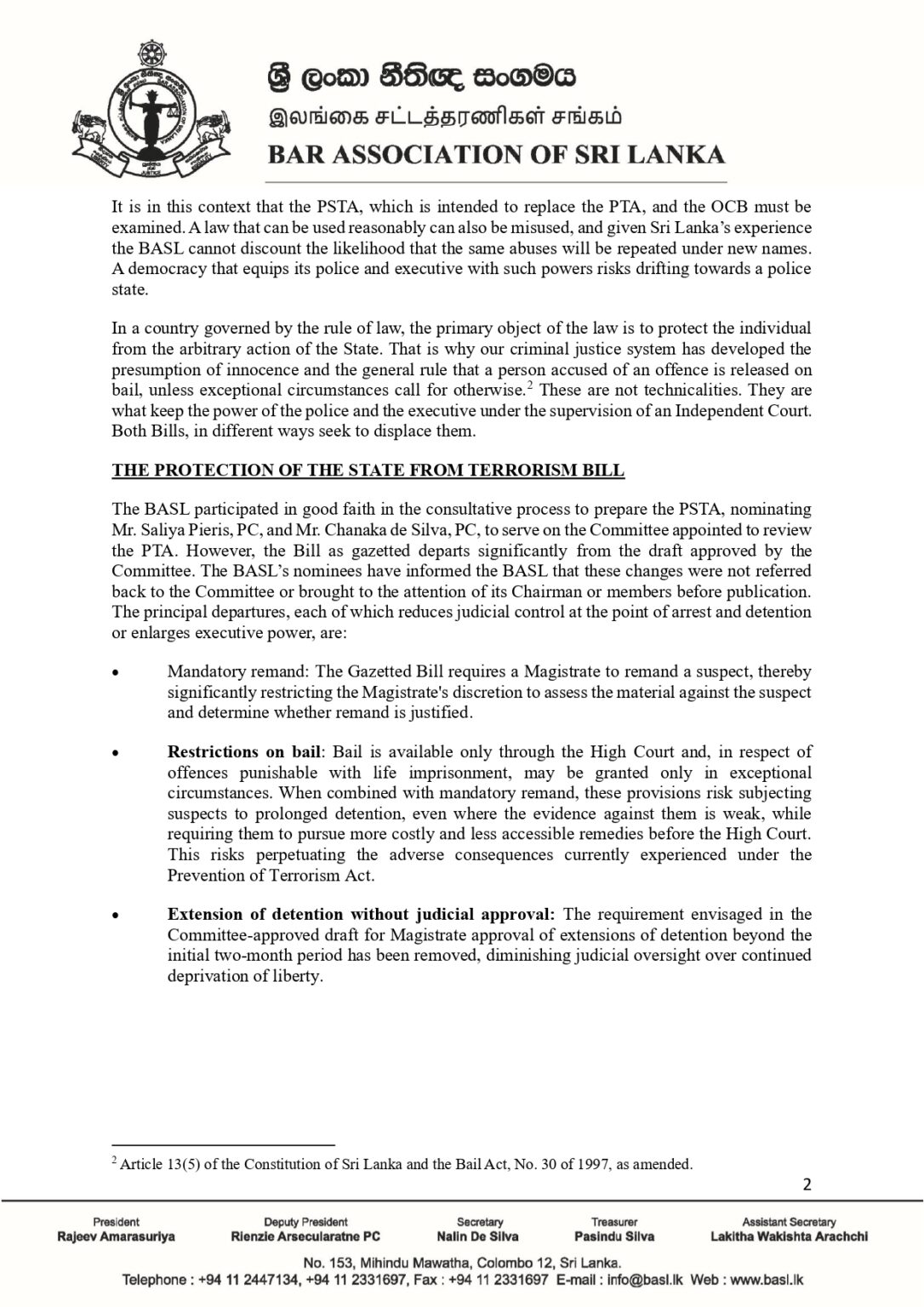 Protecting Leader THE BASL STATEMENT ON THE PROTECTION OF THE STATE FROM TERRORISM BILL ...